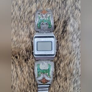 Vintage Seiko Turquoise Inlay Thunderbird Peyote Phoenix A914-5A39 Watch